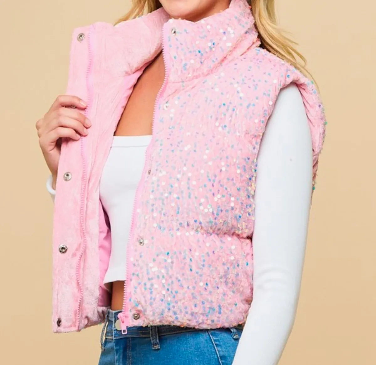 Sequin Puffer Vest (Pink) - Sold Out