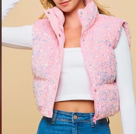 Sequin Puffer Vest (Pink) - Sold Out