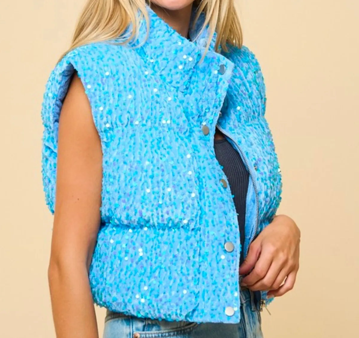 Sequin Puffer Vest (Blue)
