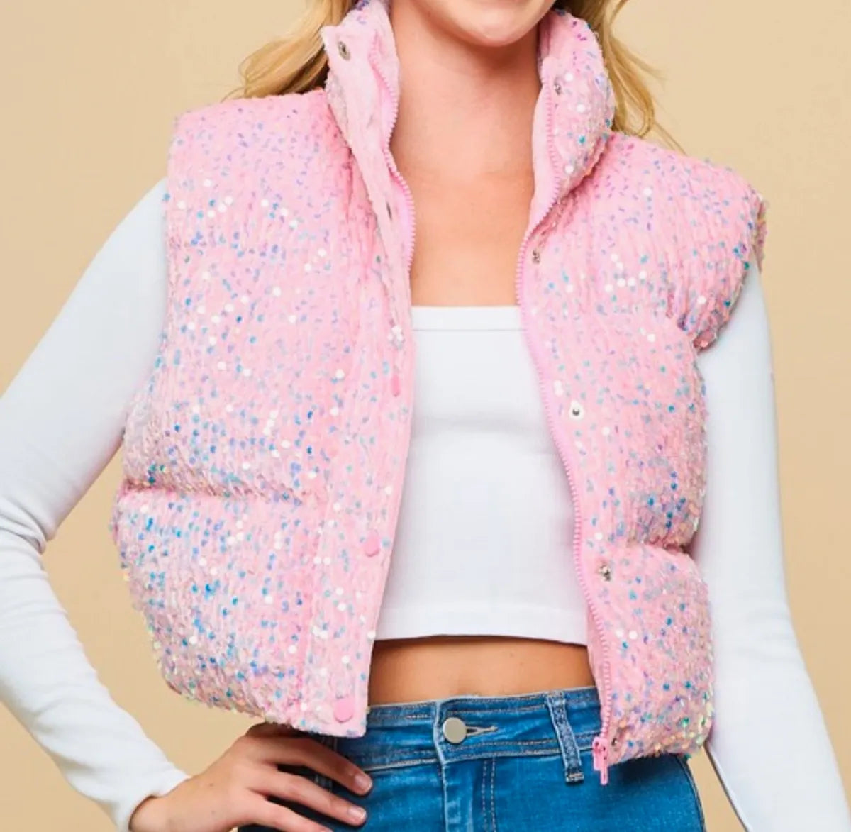 Sequin Puffer Vest (Pink) - Sold Out
