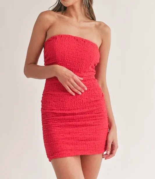 Textured Fabric Tube Bodycon Mini Dress (Red)
