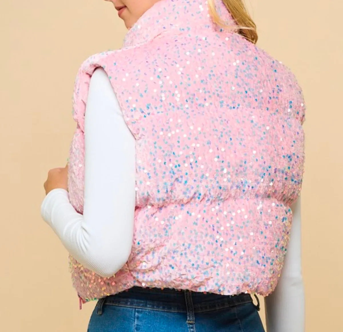 Sequin Puffer Vest (Pink) - Sold Out