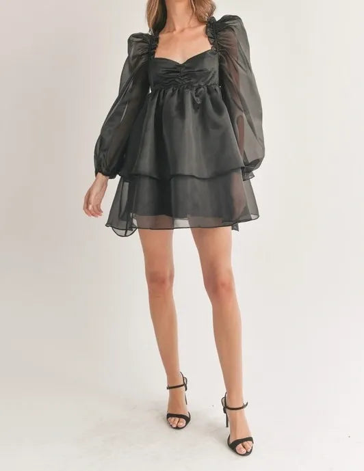 Long Puff Sleeve Ruffled Babydoll Mini Dress