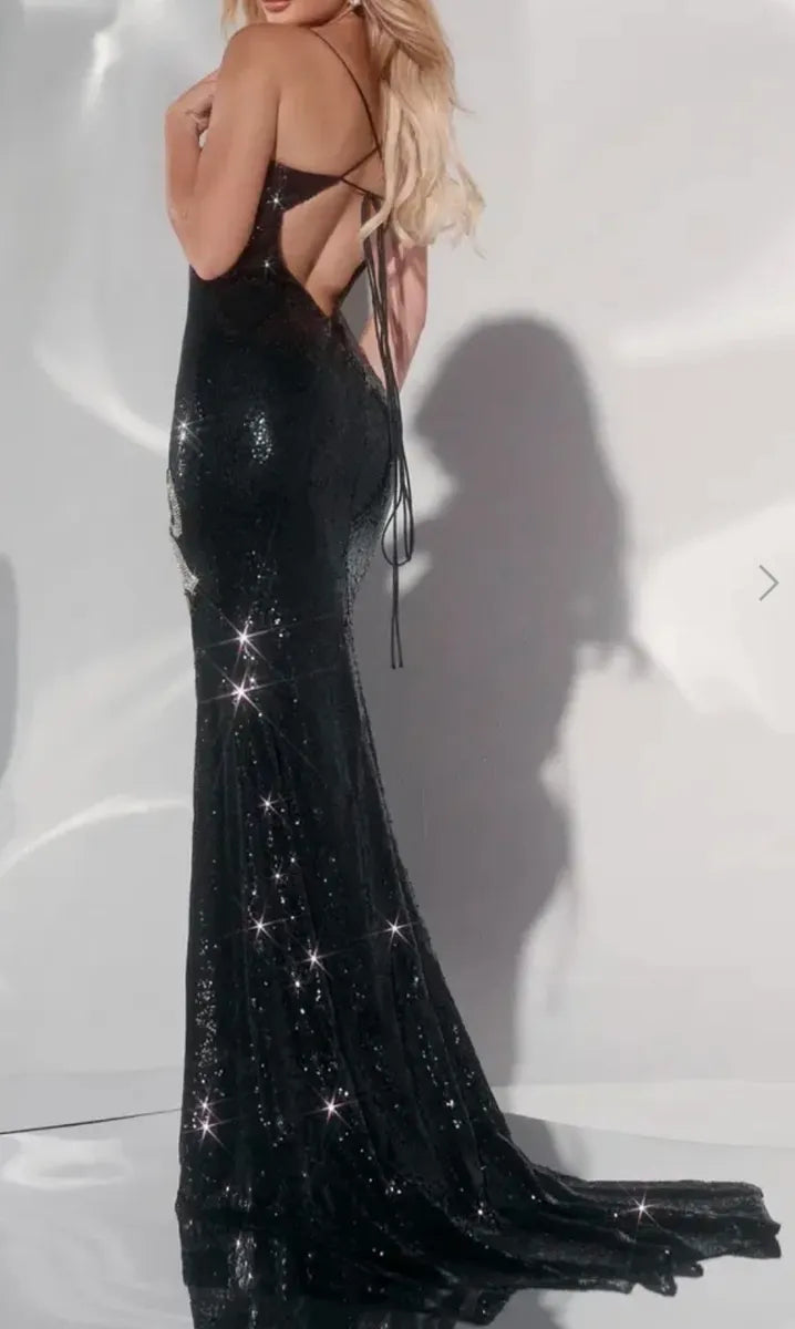 Jovani Glamorous Sequin Gown with Rhinestone Bow and Side Slit