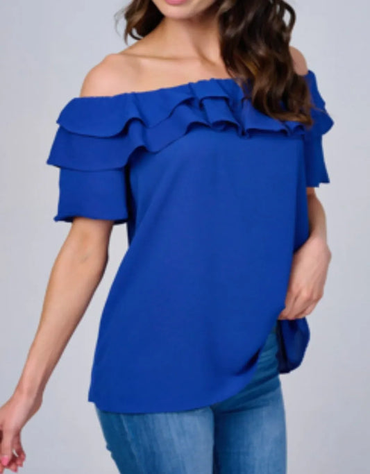Layered Ruffled Off-Shoulder Blouse (Blue)