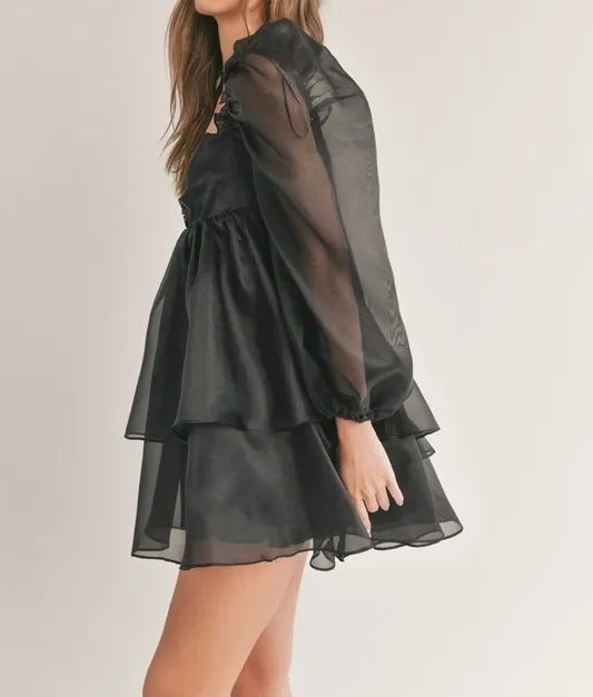 Long Puff Sleeve Ruffled Babydoll Mini Dress