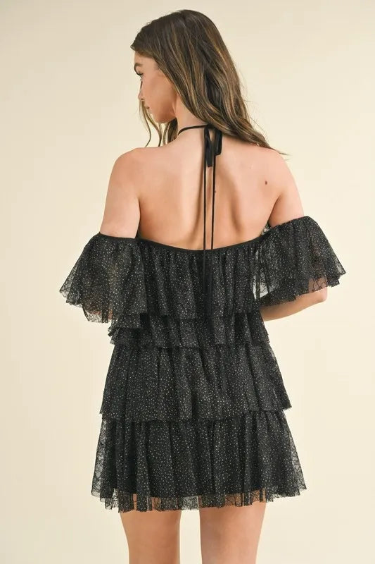 Glitter Dotted Lace Cold Shoulder Tiered Dress