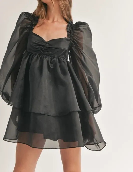 Long Puff Sleeve Ruffled Babydoll Mini Dress