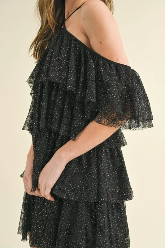 Glitter Dotted Lace Cold Shoulder Tiered Dress