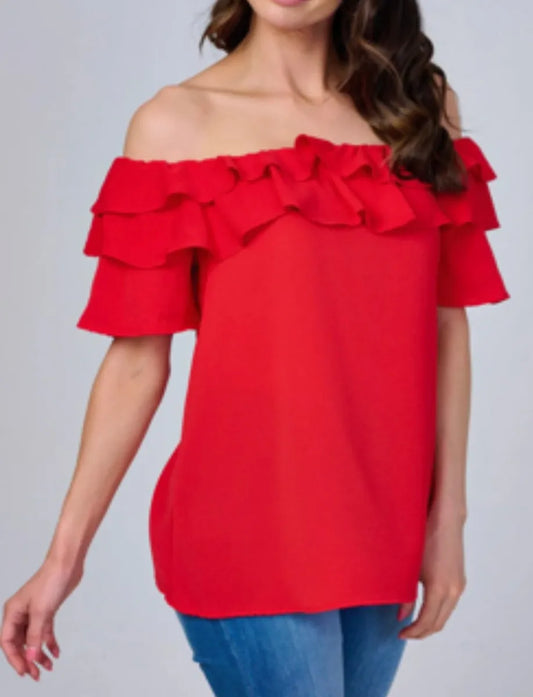 Layered Ruffled Off-Shoulder Blouse (Red)