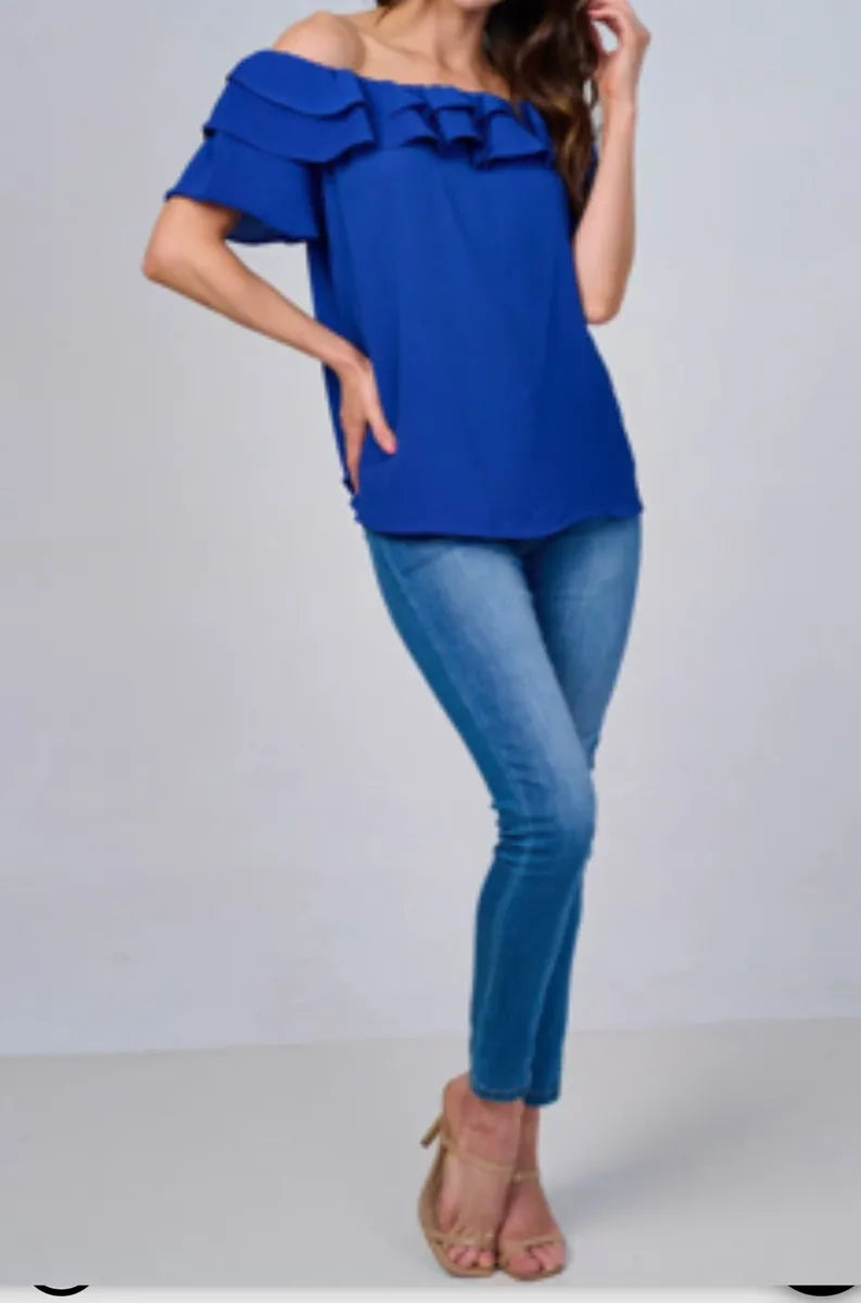 Layered Ruffled Off-Shoulder Blouse (Blue)